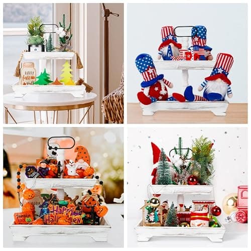 Tiered Tray Stand Farmhouse Tiered Tray for Decors Holder 2 Tiered Tray Stand for Kitchen Bedroom Entryway Coffee Bar thumbnail 4