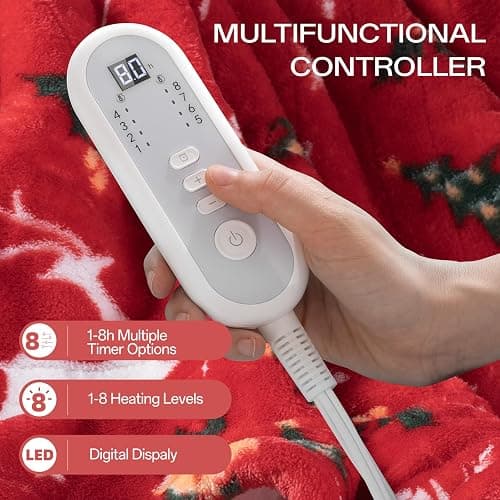 Electric Blanket Heated Throw, Soft Flannel Christmas Heated Blanket with 8 Hours Auto Off & 8 Fast Heating Levels Machine Washable Sherpa Heating Blanket with Overheating Protection Gift for Women thumbnail 5