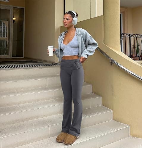OQQ Women's 2 Piece Flared Pants Ribbed Fold Over Kick Ruched Stretch High Waist Casual Wide Leg thumbnail 5