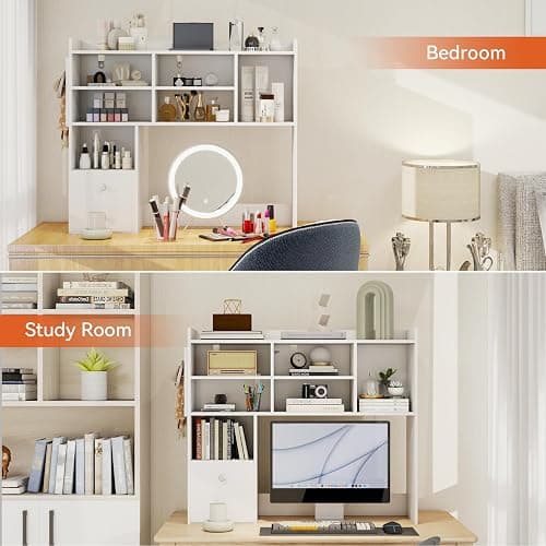 ELECWISH Desktop Bookshelf, Desk Shelf with 2 Drawers for Computer Desk, 36.22" 7-Tier Adjustable Desktop Hutch Organizer with Pegboard for Home Office, White thumbnail 7