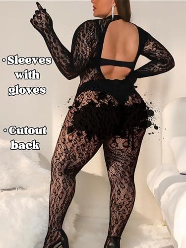 EHSUYAB Plus Size Fishnet Bodysuit For Curvy Women, Full Leopard Body Stockings Rave Outfit, Sexy Lace Jumpsuit Festival Club thumbnail 3