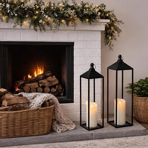 22'' 19'' Large Lanterns Decorative Outdoor Indoor, Set of 2 Black Metal Candle Lanterns Modern Farmhouse Floor Lanterns Decorative for Home Decor, Mantle, Fireplace, Patio, Porch, Garden thumbnail 3