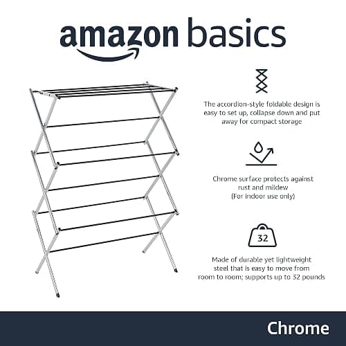 Amazon Basics Foldable Portable Laundry Drying Rack for Indoor Air Drying Clothing, 14.5 x 29.5 x 41.8 inches (LxWxH), Chrome Silver thumbnail 4