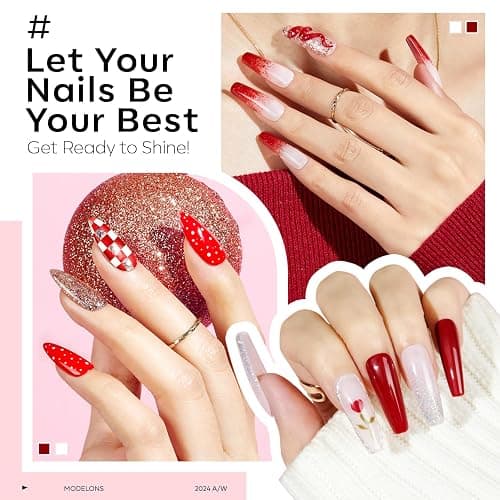 modelones Red Gel Nail Polish Set 6 Colors, White Glitter Sparkle Bright Burgundy Dark Rose Champagne Silver Candy Cane Nail Polish Kit Soak Off Nail Art Manicure Salon DIY Gift Women thumbnail 3