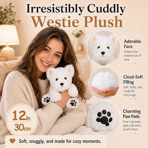 Lightly Weighted Stuffed Animals Westie Dog Plush 12" for Kids & Adults | Ultra Soft Huggable Fell,Cozy Comfort Companion,Cute Room Decor,Ideal Gifts for Birthdays Holidays Christmas thumbnail 3