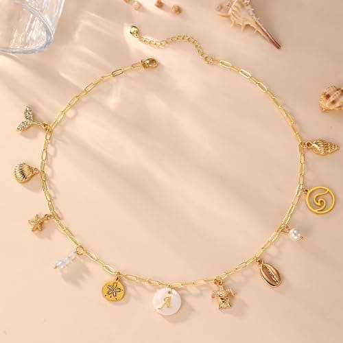 Drogomen Gold Initial Charm Necklace for Women Dainty Boho Shell Starfish Necklace Personalized Letter A-Z Pendant Necklaces Summer Beach Surfer Jewelry Gifts thumbnail 5