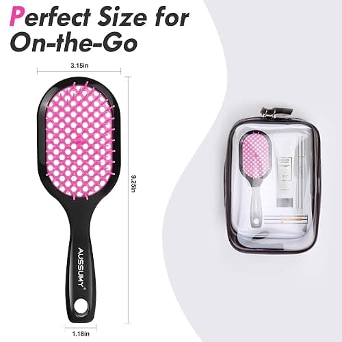 Aussumy Vented Detangling Hair Brush - 2 Pack Detangler Hairbrush for Effortless Tangle Removal - Ultra-Soft Bristles -For Natural Curly Straight Wet Dry Damaged Hair for Women Men Kids - Black & Pink thumbnail 8
