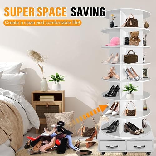 8 Tier Rotating Shoe Rack Tower contains 2 drawers, Spinning Shoe Rack Display Lazy Susan, Revolving 360 Shoe Racks Storage Round Carousel, Equipped with 5 Universal Wheels with Brake Function thumbnail 6
