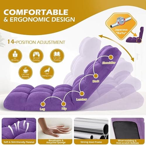 Avocahom Folding Floor Gaming Chair, Adjustable 14-Position Backrest, 6-Inch Thick Flannel and Skin-Friendly Cotton Sponge, Breathable, Ideal for Gaming, Meditating, Sleeping, Purple thumbnail 5