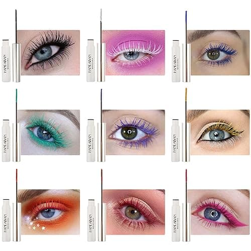 9 Colors Colored Mascara Set for Eyelashes, Red Pink Purple Blue White Black Halloween Rainbow Colorful Mascara Waterproof Charming Long Lasting Voluminous Eye Makeup Valentine's Day Gifts for Women thumbnail 5