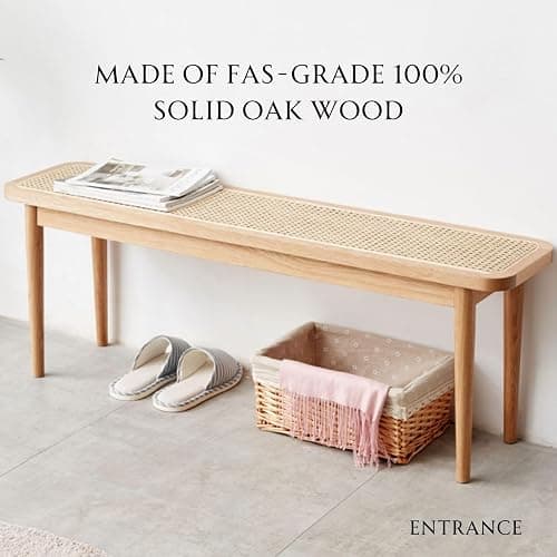 Wayshome 39.4'' Natural Rattan Dining Bench with 100% Solid Oak Wood Bench Frame, Bed End Shoe Ottoman for Kitchen Bedroom Entryway, Natural Oak thumbnail 6