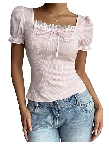 SOLY HUX Women's Cute Lace Puff Sleeve Tops Y2k Tie Front Square Neck Ribbed Knit Coquette T Shirts - Image 1