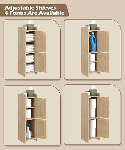 Akxomel Rattan Small Bathroom Cabinet with 2 Doors, 7.9''D x 7.9''W Narrow Toilet Paper Storage Cabinet, Bathroom Organizer for Small Spaces, Wooden Slim Corner Unit with Adjustable Shelf, Natural Oak thumbnail 6