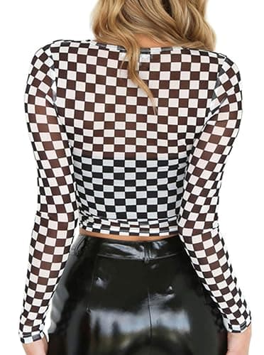 KACAOAC Women's Long Sleeve Checkered Print Sexy See Through Sheer Mesh Crop Top Tee T Shirts thumbnail 2