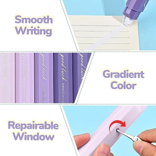Temiary 5 Pcs White Correction Tapes, Aesthetic Correction Tape Pens Smooth Pull Out, Easy to Use Pen Shaped Applicator for Students School Office Supplies (Purple) thumbnail 4