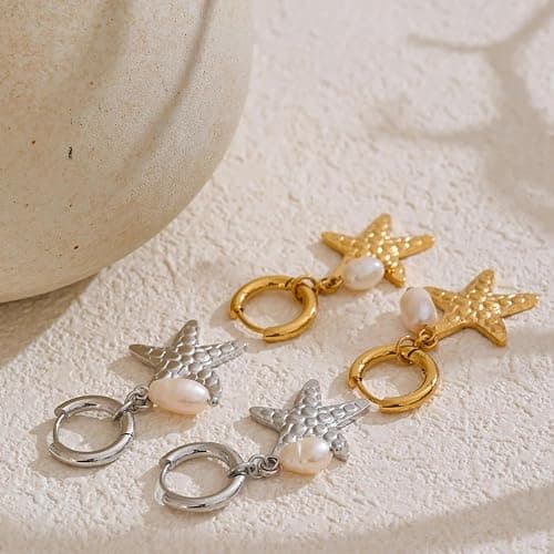 Mchic Starfish Earrings for Women: Gold Seashell Drop Hoop with Pearl Charm Ocean Vacation Dangle Huggie Earrings Coastal Jewelry Cute Small Dainty Summer Accessory thumbnail 2