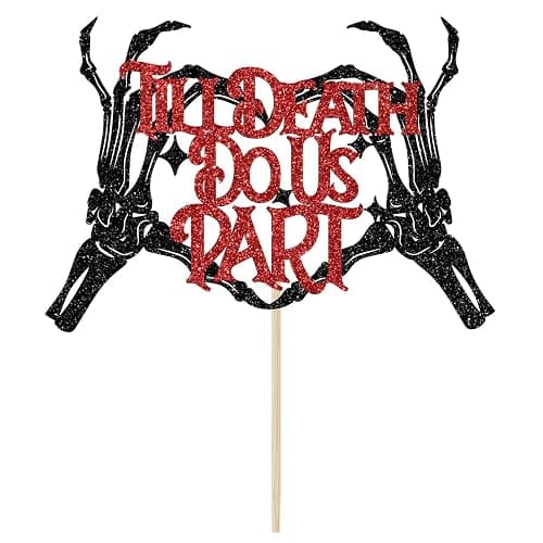 Till Death Do Us Part Cake Topper, Gothic Halloween Wedding Decorations, Bride or Die, Halloween Wedding Engagement Bachelorette Party Decorations, Black and Red Glitter thumbnail 4