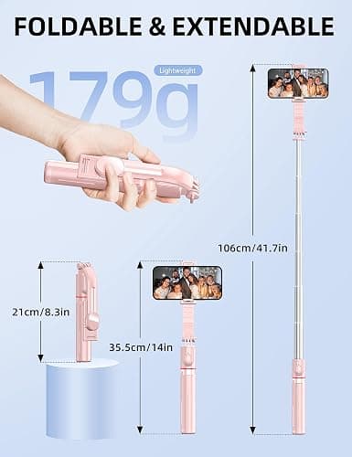 Selfie Stick mit Verbessertem Stativ [2023 Ganz Neues Entwurf] Selfie Stange aus Aluminium Handy Stativ mit Abnehmbarer Fernbedienung um 360° Drehbar für iPhone Samsung, Action-Kamera GoPro (Rosa) thumbnail 6