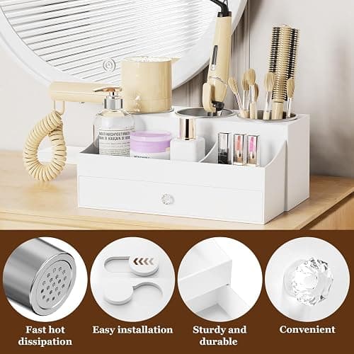 GFWARE Acrylic Hair Dryer Holder with Drawer, Bathroom Organizer Countertop Drawers with 3 Stainless Cups, Makeup Vanity Accessories, Hair Hot Tools Organizer, Toiletry, White thumbnail 5