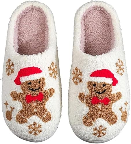 Gingerbread Man Christmas Slippers for Women Men, Cute Fuzzy House Slippers, Cozy Warm Plush Indoor Slippers, Non-slip Soft Winter Holiday Slippers, White Fluffy Xmas Slippers, Christmas Gift Slippers for Adults - Image 1