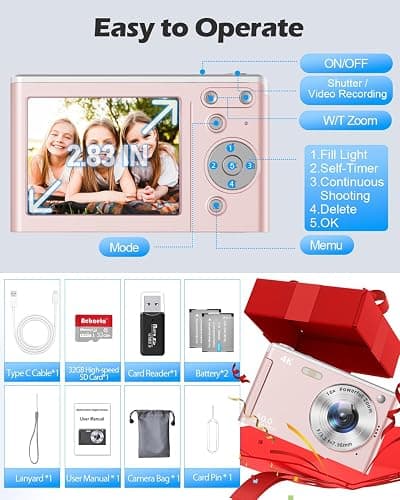 UHD 4K Digital Camera, Upgrade True 50MP Vlogging Camera, 16X Digital Zoom, 32GB High-Speed SD Card, Autofocus, 2.8'' LED Screen, Anti-Shake, 2 Large Batteries, for Kids Student Teens Adult Beginner thumbnail 7