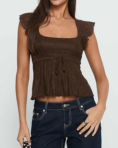 BAIGRAM Women Floral Flowy Babydoll Peplum Tops Y2K Cap Sleeve Ruffle Tank Square Neck Lace Up Layered Crop Shirt Going Out thumbnail 3