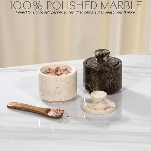 Brown Marble Salt Cellar with Lid (3.5oz) - Scratch-resistant & Easy-to-Clean Salt Containers for Countertop - Elegant & Versatile Marble Jar to Store Salt, Sugar & Dry Spices - Compact Salt Dispenser thumbnail 6