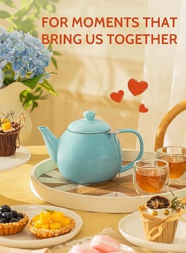 Sweese Teapot, Porcelain Tea Pot with Stainless Steel Infuser, Blooming & Loose Leaf Teapot - 27ounce, Turquoise thumbnail 6