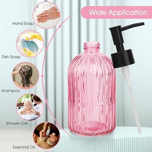 Topsky Stripe Glass Soap Dispenser with Black Plastic Pump, 400ml Liquid Hand Soap Dispenser, Rustproof Pump for Kitchen & Bathroom, Great for Lotions, Essential Oil, Liquid Soaps-Pink thumbnail 7