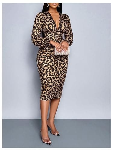 SweatyRocks Women's Long Sleeve Lace Deep V Neck Ruched Cheetah Print Bodycon Midi Dress thumbnail 4