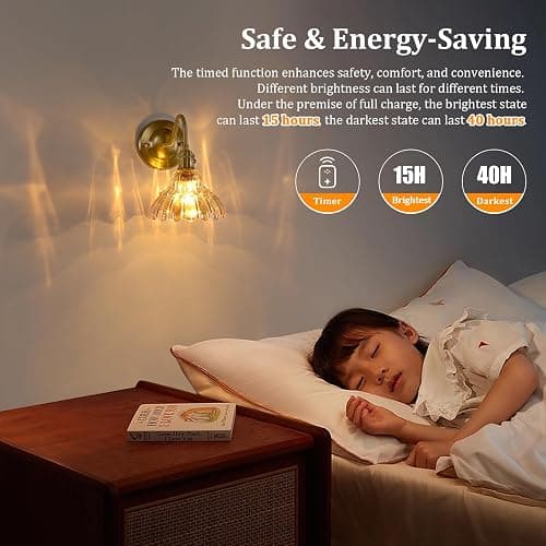Shenmoyl Battery Operated Wall Sconce Set of 2, Vintage Rechargeable Wall Lights with Amber Lily Glass Shade, Wireless Indoor Wall Lamp with Remote for Bedroom Living Room Bathroom thumbnail 5