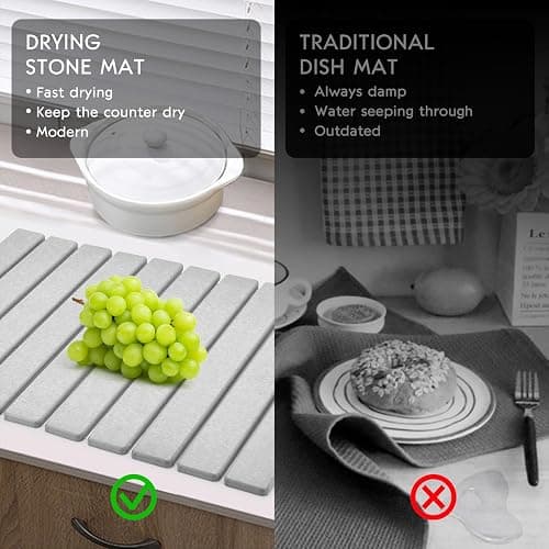 Large Stone Dish Drying Mats for Kitchen Counter, 24"(L)×16"(W) Collapsible Quick Dry Dish Drying Mat, Eco-Friendly Absorbent Diatomaceous Earth Mat for Dishes Bottles Cups, Match Any Countertop - Classic thumbnail 5