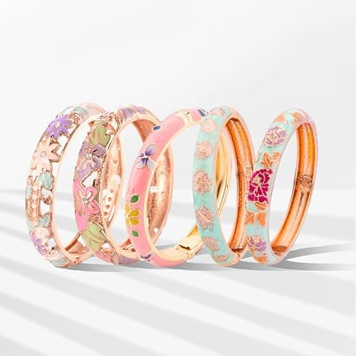 UJOY Bangles 5 Pcs Enamel Jewelry Set Rose Flower Engraved Cloisonne Bracelets Pack in a Box 5PCS thumbnail 8