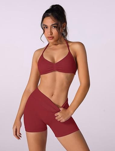 ABOCIW Womens Seamless Workout Sets 2 Piece Strappy Halter Sports Bra Scrunch Butt Shorts Gym Yoga Outfits thumbnail 5