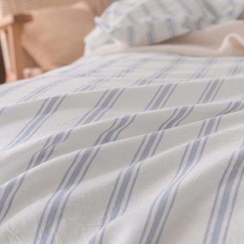 BESTOUCH Duvet Cover Set 100% Washed Cotton Linen Feel Super Soft Comfortable Chic Lightweight 3 PCs Home Bedding Set White & Cornflower Blue Stripes Queen thumbnail 6