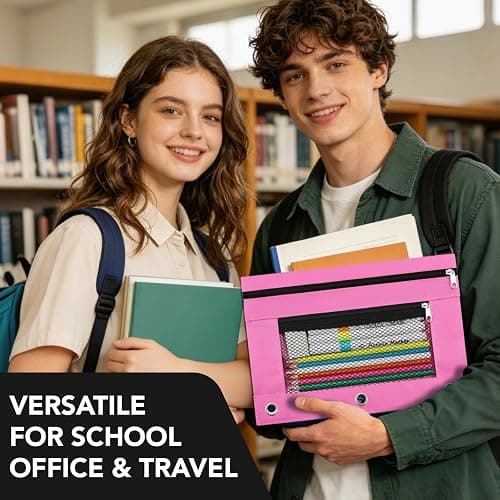 3 Ring Pencil Pouch for Binder, 2-Pocket Zipper Pencil Case with Clear Window & Mesh Pocket, Heavy Duty 600D Oxford Fabric Binder Pouch for School Office Supplies, Fits Standard 3-Ring Binders, Pink thumbnail 8