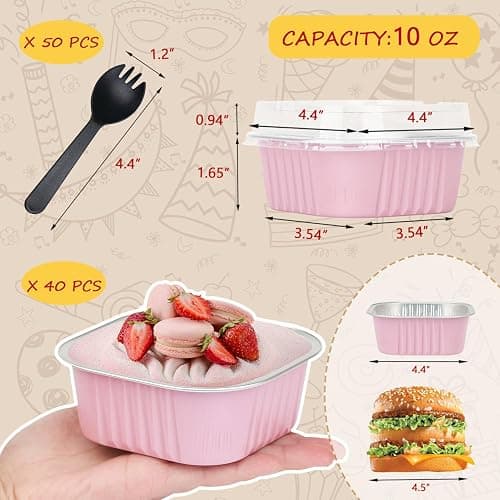 LNYZQUS 10oz Mini Cake Pans With Lids 40 Pack, Aluminum Foil Square Brownie Baking Cups,Disposable 4”x4” Large Cupcake Pan,Jumbo Muffin Tin Ramekins Holders-Pink thumbnail 3