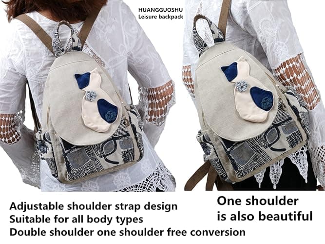 HUANGGUOSHU Boho and Bohemian Small Canvas Backpack Purse for Women - Adjustable Carry Sling Bag, Embroidered and Woven Tapestry Patterns 1 Cat thumbnail 6