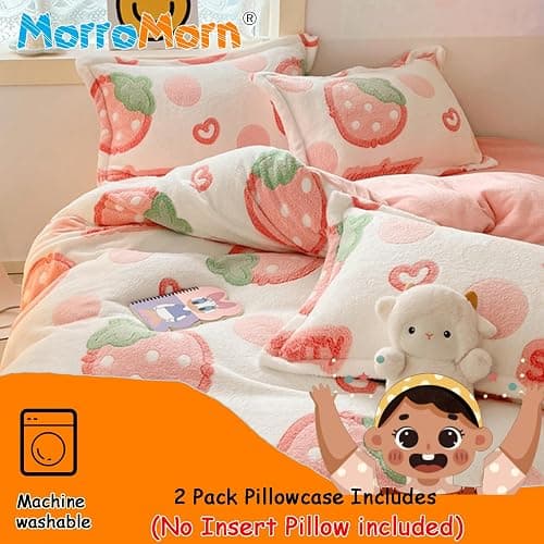 MorroMorn Decorative Pillows Covers Pink Kawaii, 2 Packs Plush Pillow Cases Standard Size, Soft Throw Pillowcase Cushion Shams with Zipper Closure Girls Room Decor (Pink Strawberry, Standard) thumbnail 5