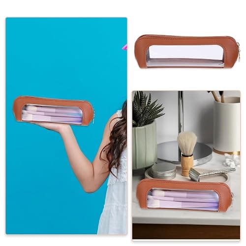 Small Clear Makeup Pouch, PU Leather Makeup Brush Bag Portable Travel Mini Cosmetic Bag Transparent Waterproof Organizer Pouch with Zipper for Women Home Travel Office Cosmetic Storage (Brown) thumbnail 7