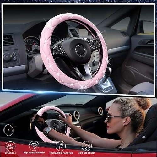SuperKaKa Pink Steering Wheel Cover 2025, Auto Cute Diamond Bling Comfort Leather Girly Car Interior Accessories Protector Sparkly Automotive Decoration for Women Girl Coquette thumbnail 2
