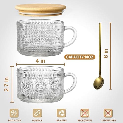 4pcs Set Vintage Coffee Mugs gifts for women, Overnight Oats Containers with Bamboo Lids and Spoons - 14oz Clear Embossed Glass Cups, Cute Coffee Bar Accessories, Iced Coffee Glasses thumbnail 3