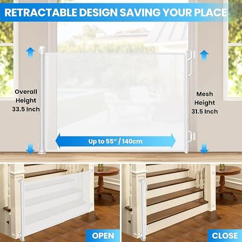 Spaceany Retractable Safety Baby Gate or Mesh Dog Gate,Durable Portable Mesh Retractable Gate,Easy to Use for Stairs, Doorways, Hallways, Indoor, Outdoor, 33.5" Tall, Extends to 55" Wide,White thumbnail 2