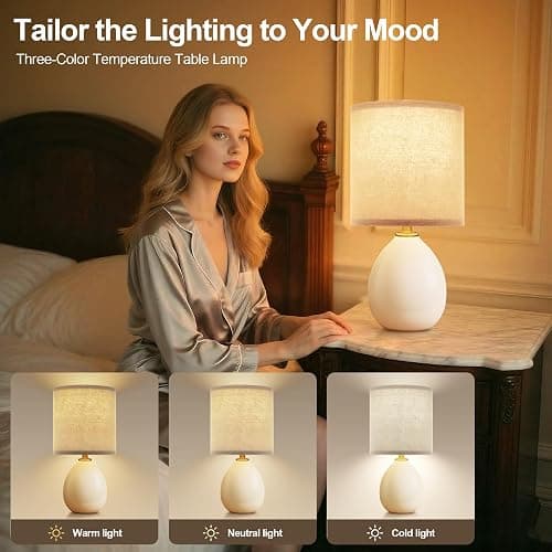 Dawnwake 18.5" Table Lamp Set of 2 for Living Room Bedroom, Bedside Lamps for Night Stands, Desk Nightstand Lamp Dimmable, Modern Linen Cream Ceramic Lamps (Cream) thumbnail 2