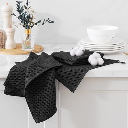 Kitinjoy 100% Cotton Kitchen Towels and Dishcloths Set, 8 Pack-13" x 28" and 12" x 12" Waffle Weave Dish Towels, Ultra Soft Absorbent Quick Drying Dish Rags, Black thumbnail 7