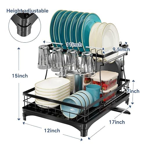 Simple Trending Dish Rack, Stainless Steel Dish Drying Rack for Kitchen Counter, Large Capacity 2-Tier Dish Drainer Organizer with Utensil Holder, Black thumbnail 2