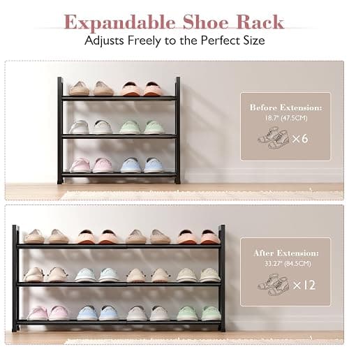 Bumusty 3-Tier Expandable Shoe Rack for Closet, 18“-33” Adjustable Shoe Rack for Small Space, Small Shoe Organizer for Front Door, Sturdy Metal, Black thumbnail 5