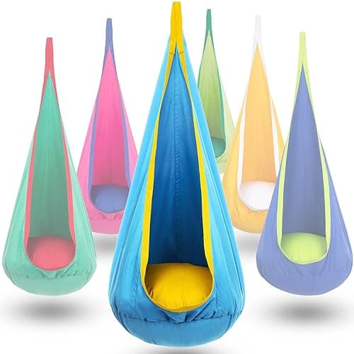Y- STOP Kids Pod Swing Chair, Hanging Hammock Chair with Inflatable Pillow, Sensory Pocket for Outdoor and Indoor, Max 176Lbs(Blue Yellow) - Bule/Yellow