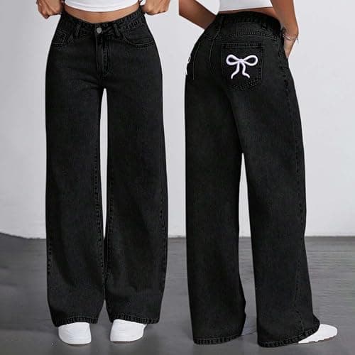 Bow Jeans for Teen Girls Trendy High Waisted Straight Leg Denim Pants Baggy Kids Trousers Y2K Streetwear Clothes 11-16Years thumbnail 2