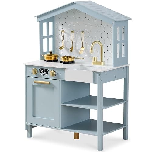 Best Choice Products Pretend Play Wooden Farmhouse Kitchen Set for Kids w/Toy Storage, Clicking Knobs, Windows, 5 Accessories Included - Ocean thumbnail 9